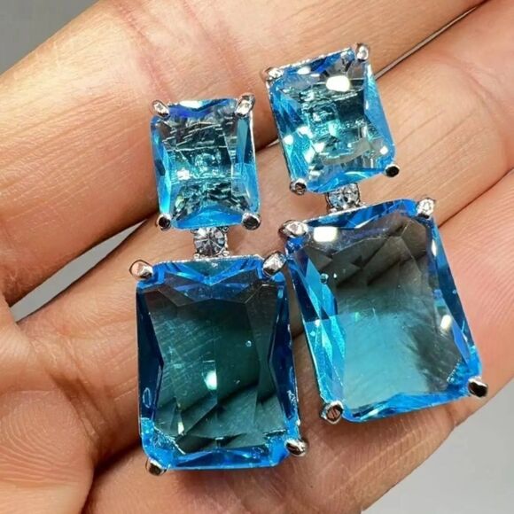Silver Earrings Aqua Topaz Blue 1" Drop Dangle Pierced Stud Post Jewelry - Picture 2 of 3